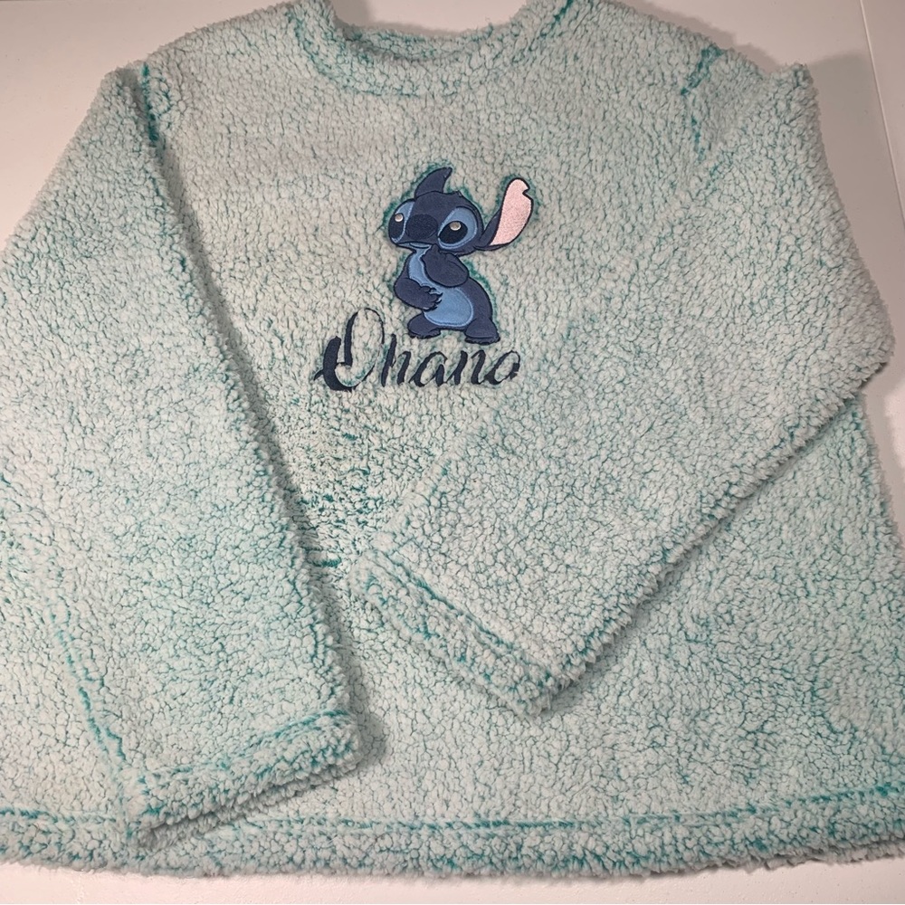 Disney Lilo And Stitch Blue Pullover Sweater Ohana Long Sleeve Fleece NEW